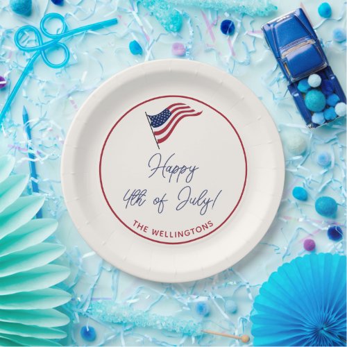 Modern Minimal US Flag 4th of July Party Name Paper Plates