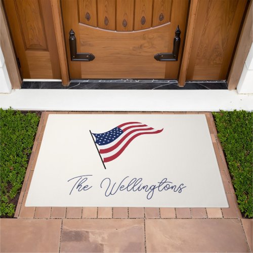 Modern Minimal USA Flag Script Family Name Doormat