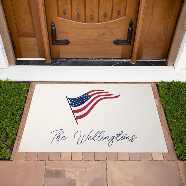 Modern Minimal USA Flag Script Family Name Doormat (Outdoor)