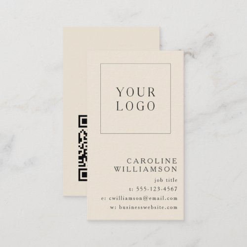 Modern Minimal Vertical Logo QR Code Ivory Black Business Card
