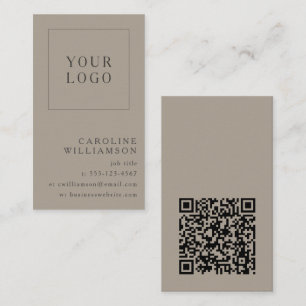 Modern Minimal Vertical Logo QR Code Taupe Brown Business Card