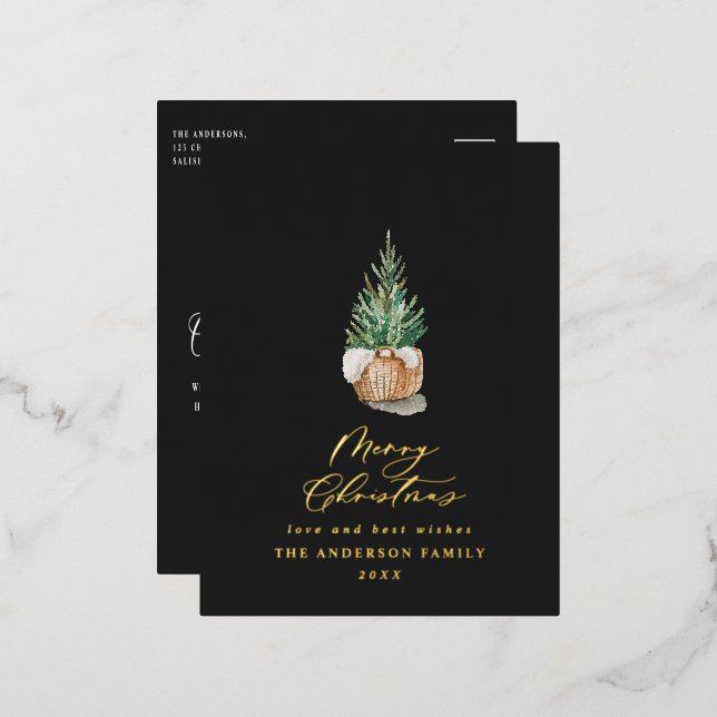 Modern minimal watercolor black Christmas tree Foil Holiday Postcard (Front/Back)