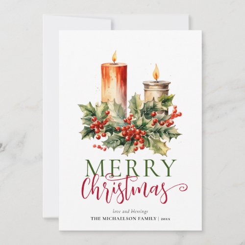 Modern Minimal Watercolor Candle Merry Christmas Holiday Card