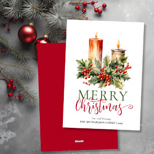 Modern Minimal Watercolor Candle Merry Christmas Holiday Card