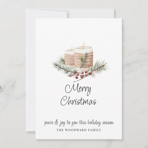 Modern Minimal Watercolor Christmas Candles  Pine Card