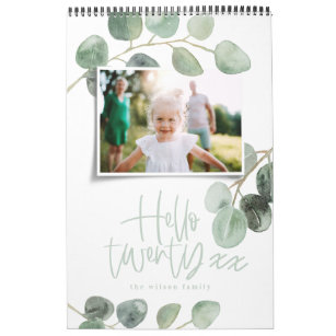 Modern minimal watercolor eucalyptus photo script calendar