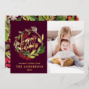 Modern minimal watercolor floral photo burgundy foil holiday card