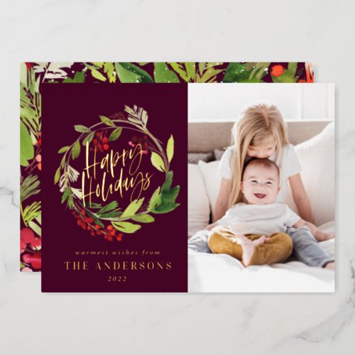 Modern minimal watercolor floral photo burgundy foil holiday card
