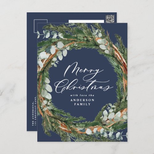 Modern minimal watercolor foliage blue Christmas Holiday Postcard