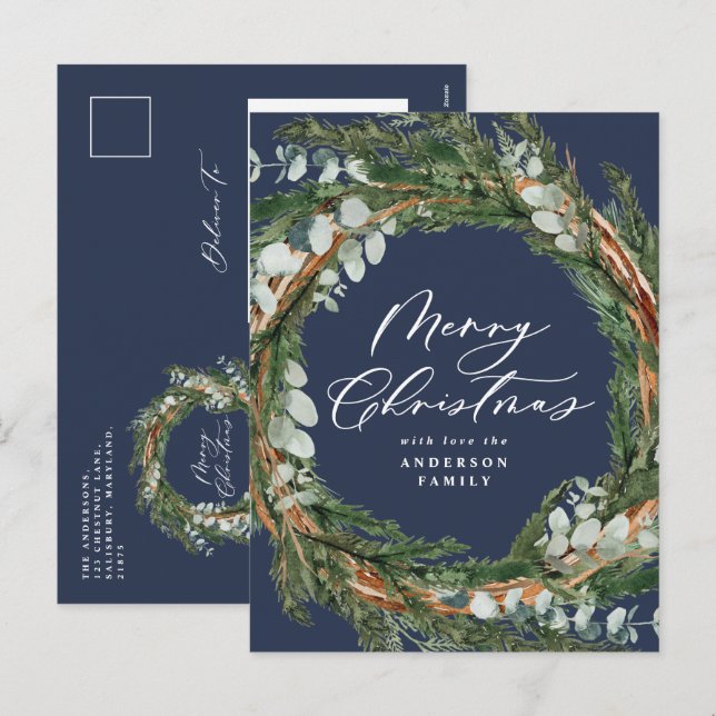 Modern minimal watercolor foliage blue Christmas Holiday Postcard (Front/Back)