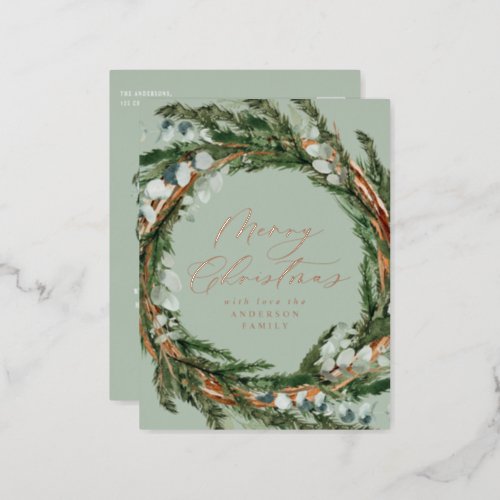Modern minimal watercolor foliage sage Christmas Foil Holiday Postcard