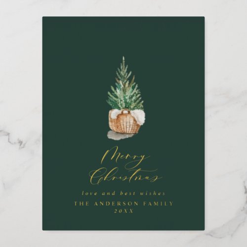 Modern minimal watercolor green Christmas tree Foil Holiday Postcard