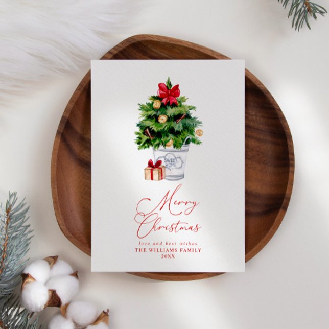 Modern Minimal Watercolor Merry Christmas Tree Holiday Card (Creator Uploaded)