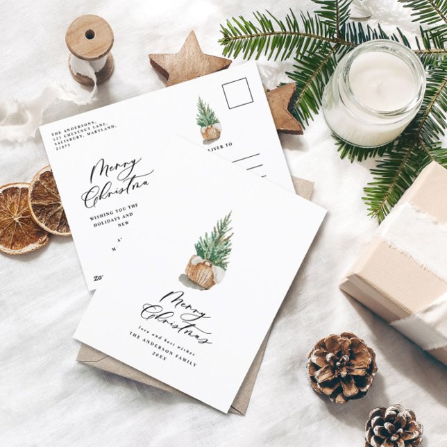 Modern minimal watercolor merry Christmas tree Holiday Postcard (Creator Uploaded)