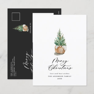 Modern minimal watercolor merry Christmas tree Holiday Postcard