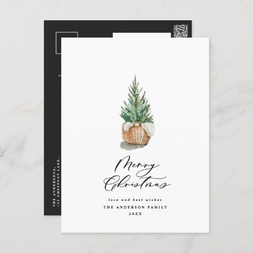 Modern minimal watercolor merry Christmas tree Holiday Postcard