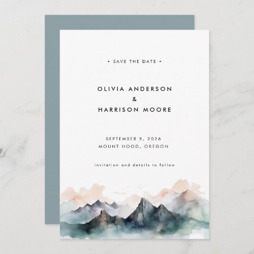 Modern Minimal Watercolor Mountain Wedding  Save The Date