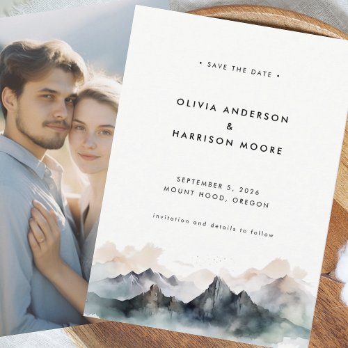 Modern Minimal Watercolor Mountain Wedding  Save The Date