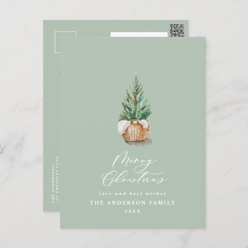 Modern minimal watercolor sage green Christmas Holiday Postcard