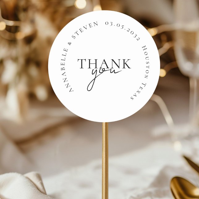 Modern, Minimal, Wedding Classic Round Sticker (THANK YOU! Modern, Minimal, White, Wedding Classic Round Sticker with your name and date)