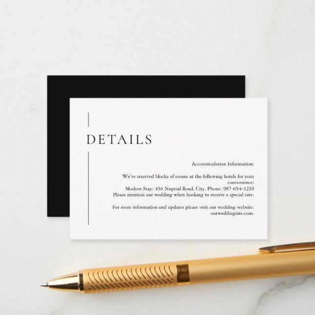 Modern Minimal Wedding Detail Custom Black & White Enclosure Card (Front/Back In Situ)