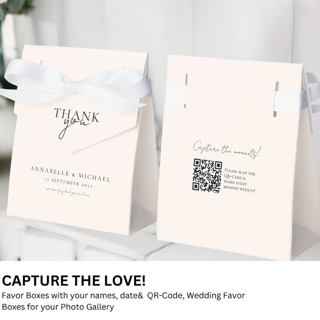 Modern, Minimal, Wedding QR Code Photo Sharing Favor Boxes (Modern, Minimal, Wedding QR Code Photo Sharing Favor Boxes with your names and date.)