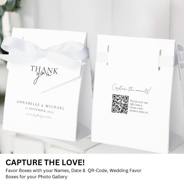 Modern, Minimal, Wedding QR Code Photo Sharing Favor Boxes (Modern, Minimal, Wedding QR Code Photo Sharing Favor Boxes with your names and date.)