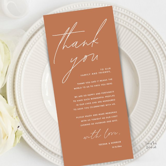 Modern Minimal Wedding Reception Thank You Card (Modern Minimal Wedding Reception Dinner Brunch Lunch Thank You Card in Copper Terracotta Brown)