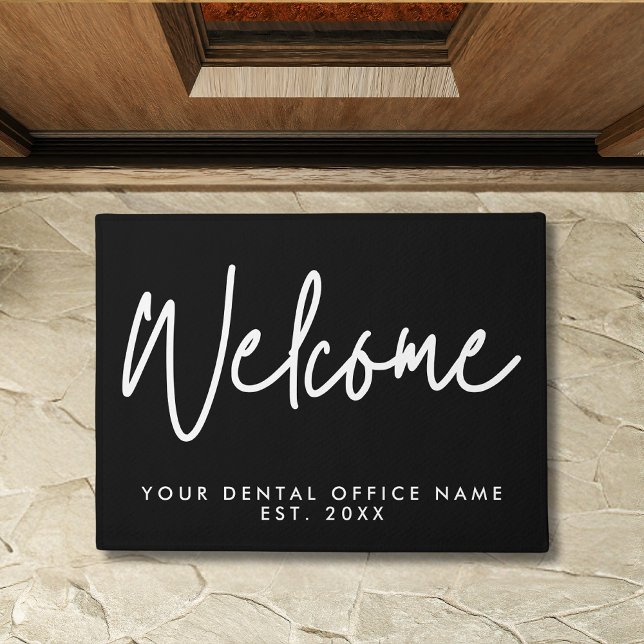 Modern Minimal Welcome Script Dental Office Black Doormat (Creator Uploaded)