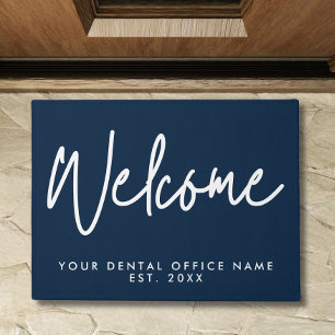 Modern Minimal Welcome Script Dental Office Blue Doormat