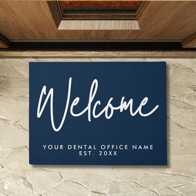 Modern Minimal Welcome Script Dental Office Blue Doormat (Creator Uploaded)