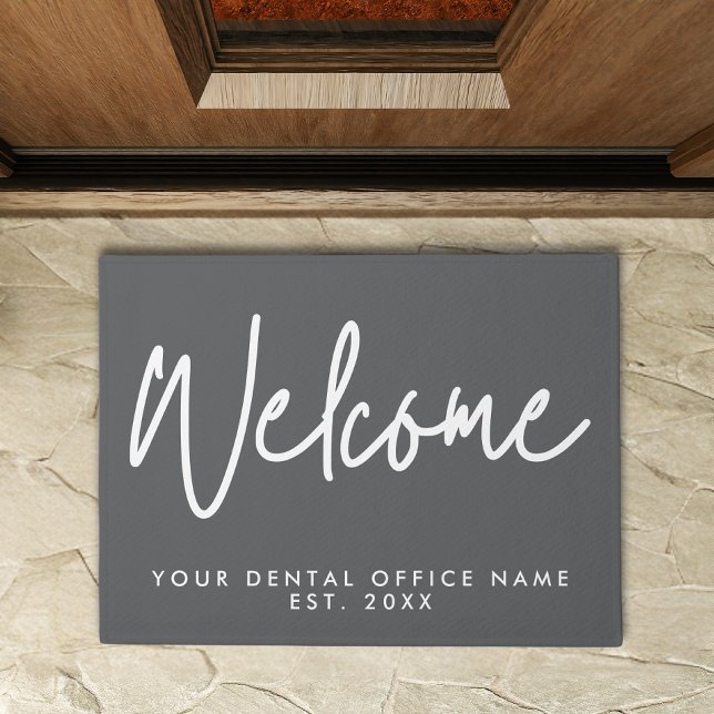 Modern Minimal Welcome Script Dental Office Gray Doormat (Creator Uploaded)