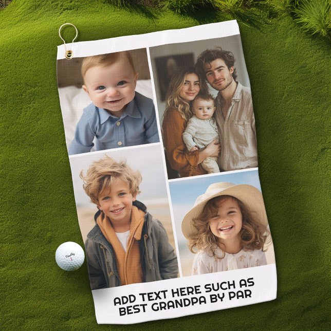 Modern Minimal White 4 Photo Collage - Chunky Text Golf Towel (Custom Golf Towel)