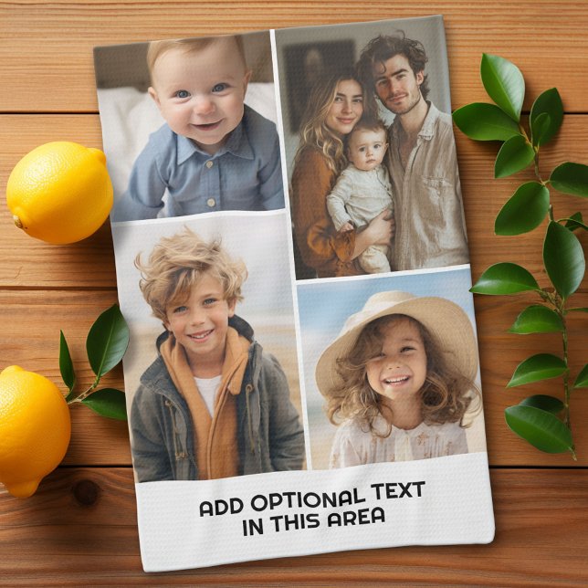 Modern Minimal White 4 Photo Collage - Chunky Text Kitchen Towel (Custom Kitchen Towel with a Photo Collage)