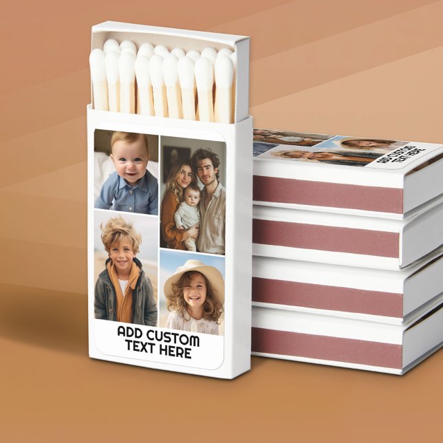 Modern Minimal White 4 Photo Collage - Chunky Text Matchboxes (Custom Photo Matchbox with Matches)