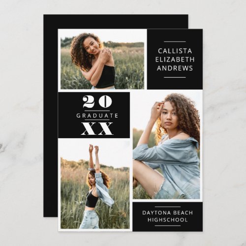 Modern Minimal White Black Photo Grid Graduation Invitation