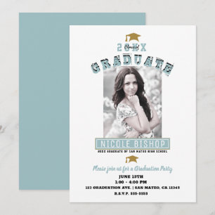 Modern Minimal White Blue Photo Graduation Party  Invitation