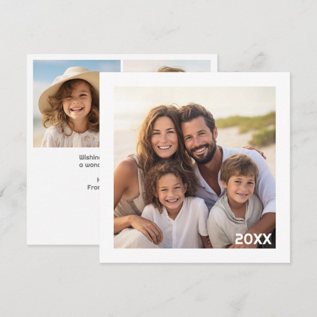 Modern, Minimal White Border with 3 Total Photos Holiday Card (Front/Back)