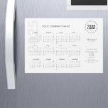 Modern Minimal White Business Calendar 2025<br><div class="desc">Trendy and chic 2025 magnetic calendar card. This stylish business card template features your business name and circle logo and optional tagline/message text,  contact and social media details. Text comes in jet black and light grey font,  against a white background.</div>