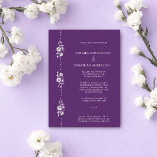 Modern Minimal White Floral Dark Purple Wedding Announcement