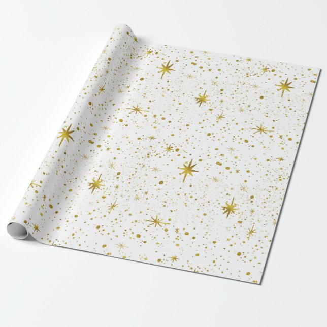 Modern & Minimal White / Gold Cosmic Star Pattern Wrapping Paper (Unrolled)