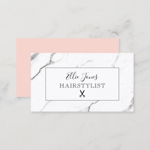 Modern minimal white marble blush pink hairstylist business card