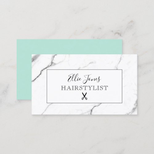 Modern minimal white marble mint green hairstylist business card