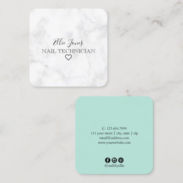 Modern minimal white marble & mint green nails square business card (Front/Back)