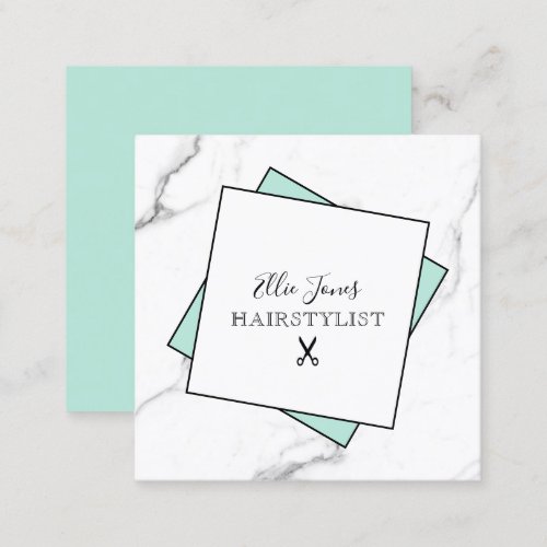 Modern minimal white marble  mint hairstylist square business card