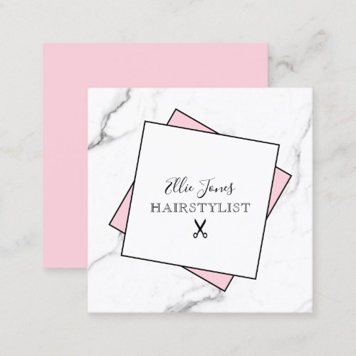 Modern minimal white marble  pink hairstylist square business card