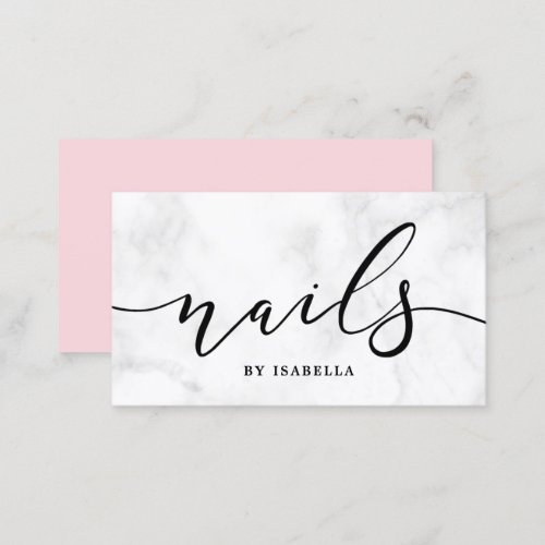 Modern minimal white marble  pink nails business card