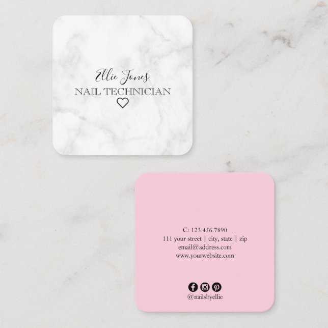 Modern minimal white marble & pink nails square business card (Front/Back)