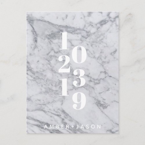 modern minimal white marble Save the Date Announcement Postcard