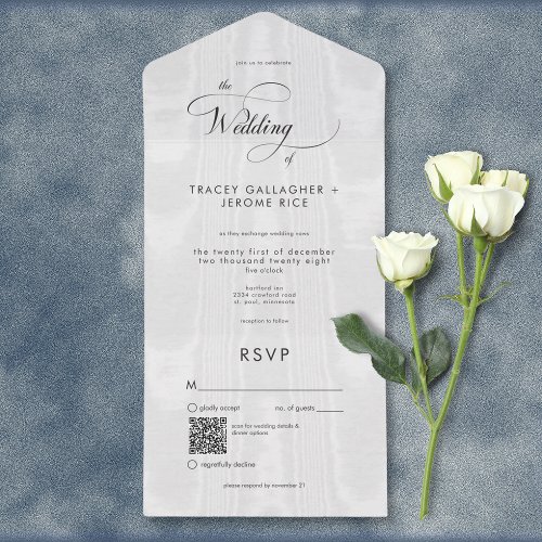 Modern Minimal White Satin Taffeta QR Code All In One Invitation